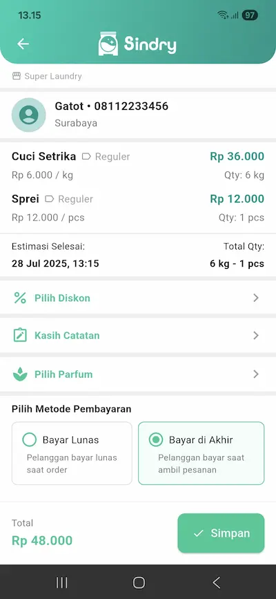 Fitur catat transaksi aplikasi kasir laundry Sindry