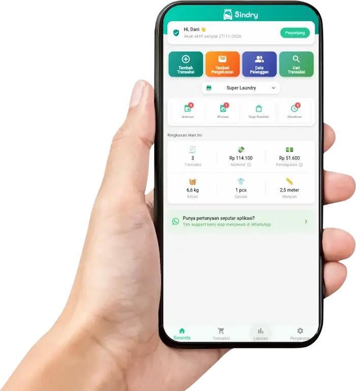 Tampilan aplikasi kasir laundry Sindry di Android