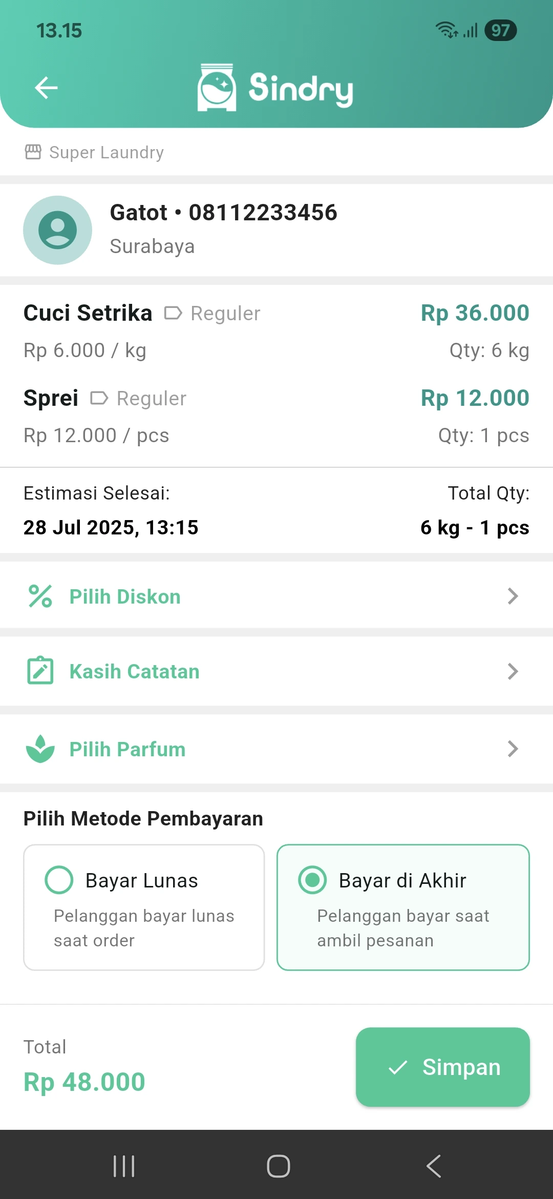 Checkout Transaksi di Aplikasi Laundry Sindry – Proses Pembayaran Cepat