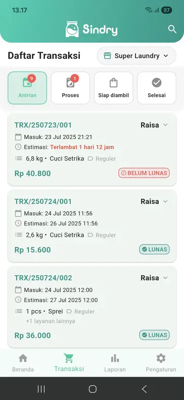 Daftar Transaksi di Software Laundry Sindry – Kelola Order dengan Mudah