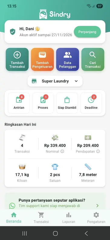 Dashboard Aplikasi Laundry Sindry – Pantau Semua Aktivitas Laundry Anda