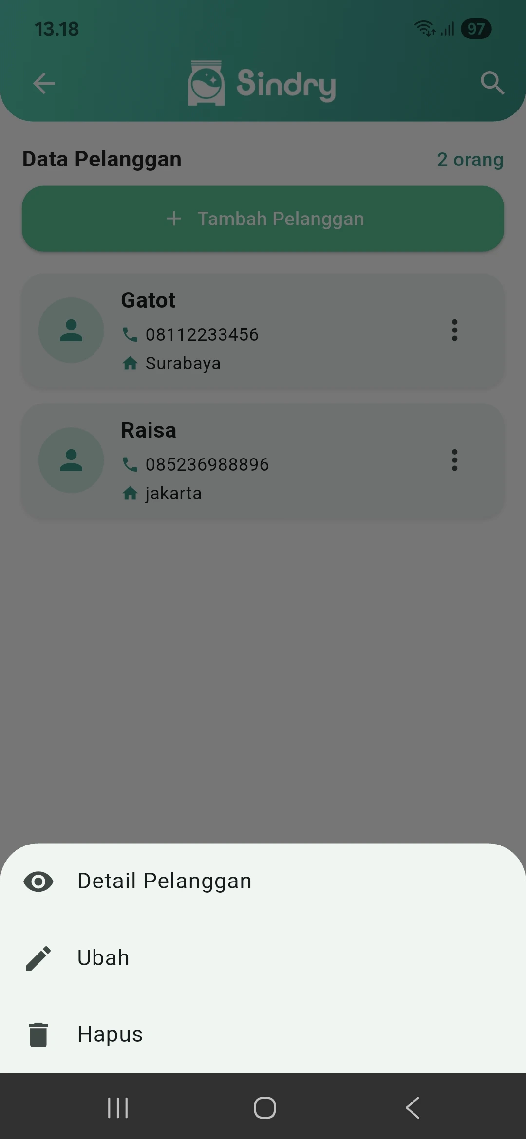 Data Pelanggan di Aplikasi Laundry Sindry – Kelola Informasi Pelanggan