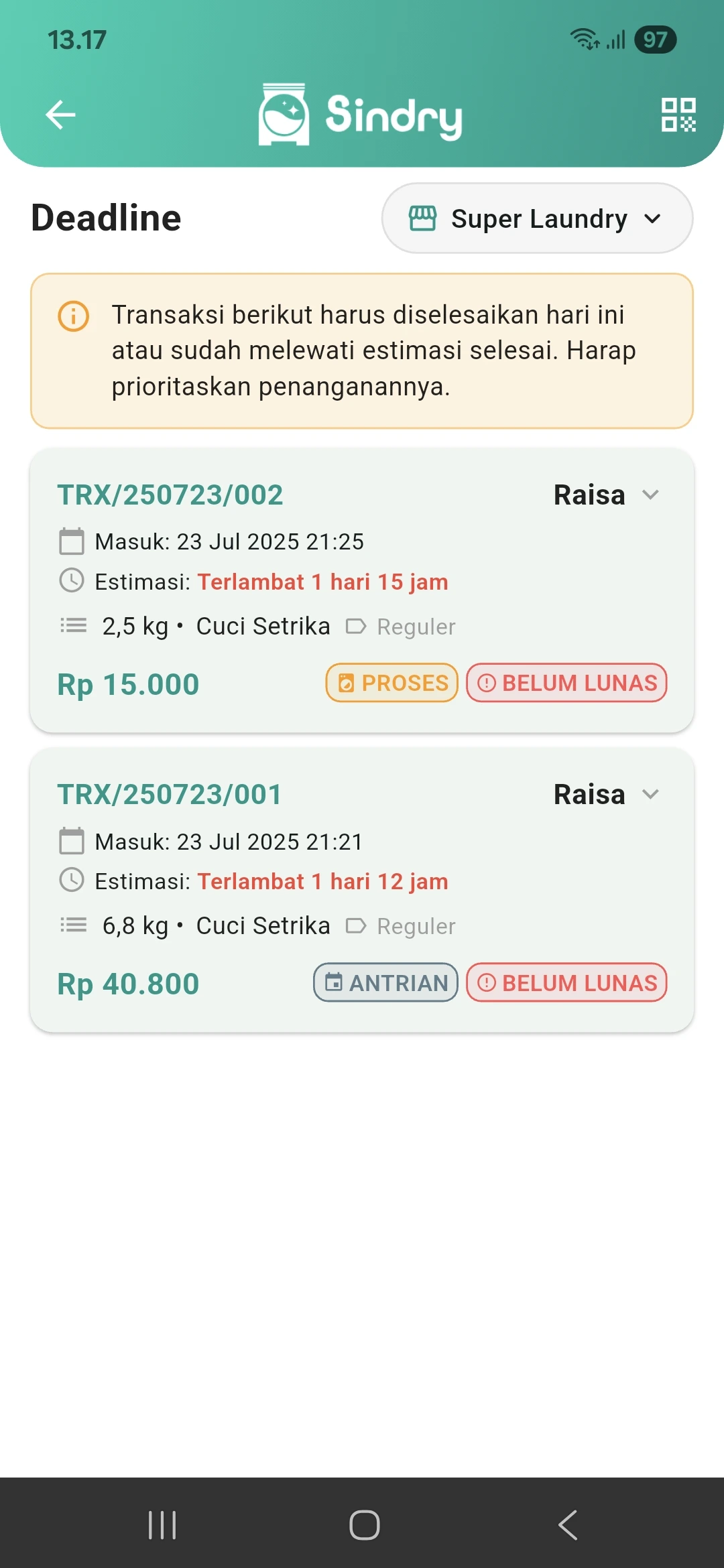 Deadline Transaksi di Software Laundry Sindry – Pantau Waktu Pengambilan Laundry