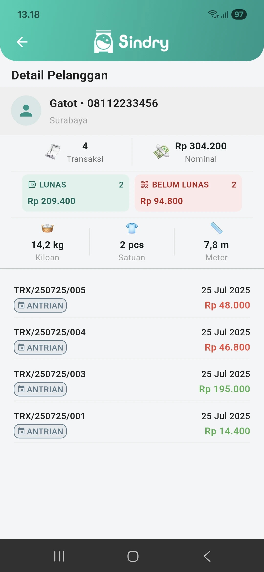 Detail Pelanggan di Software Laundry Sindry – Informasi Lengkap Pelanggan