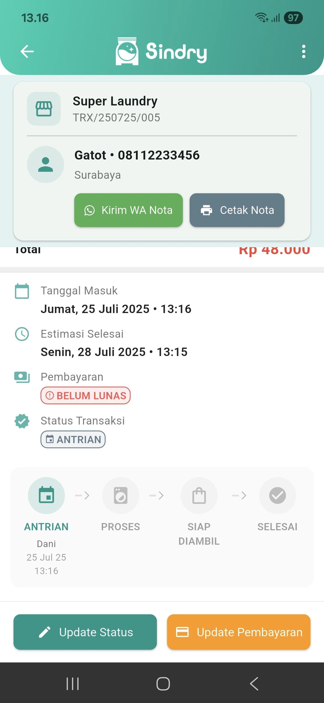 Detail Status Transaksi di Software Laundry Sindry – Pantau Proses Laundry