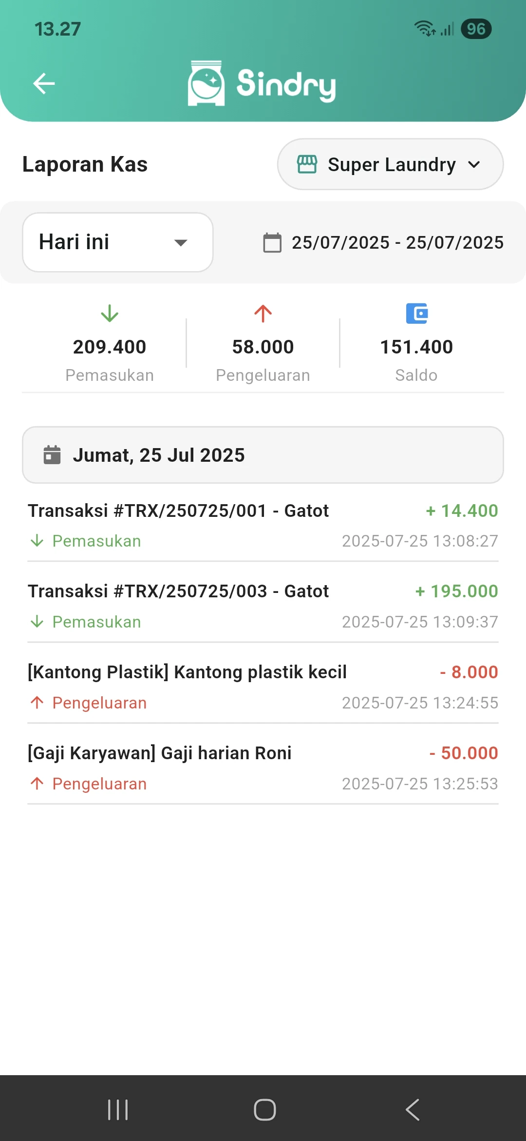 Laporan Kas di Aplikasi Laundry Sindry – Pantau Arus Kas Laundry Anda