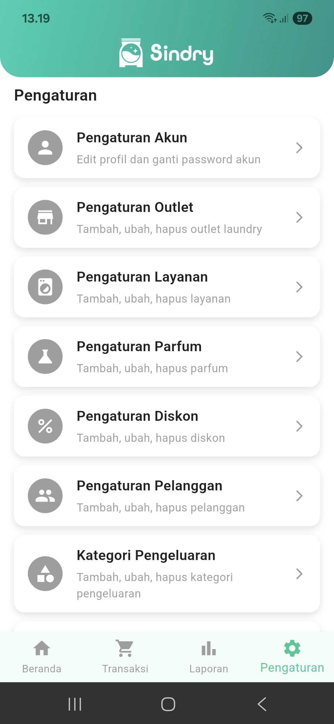 Pengaturan di Aplikasi Laundry Sindry – Konfigurasi Software Laundry