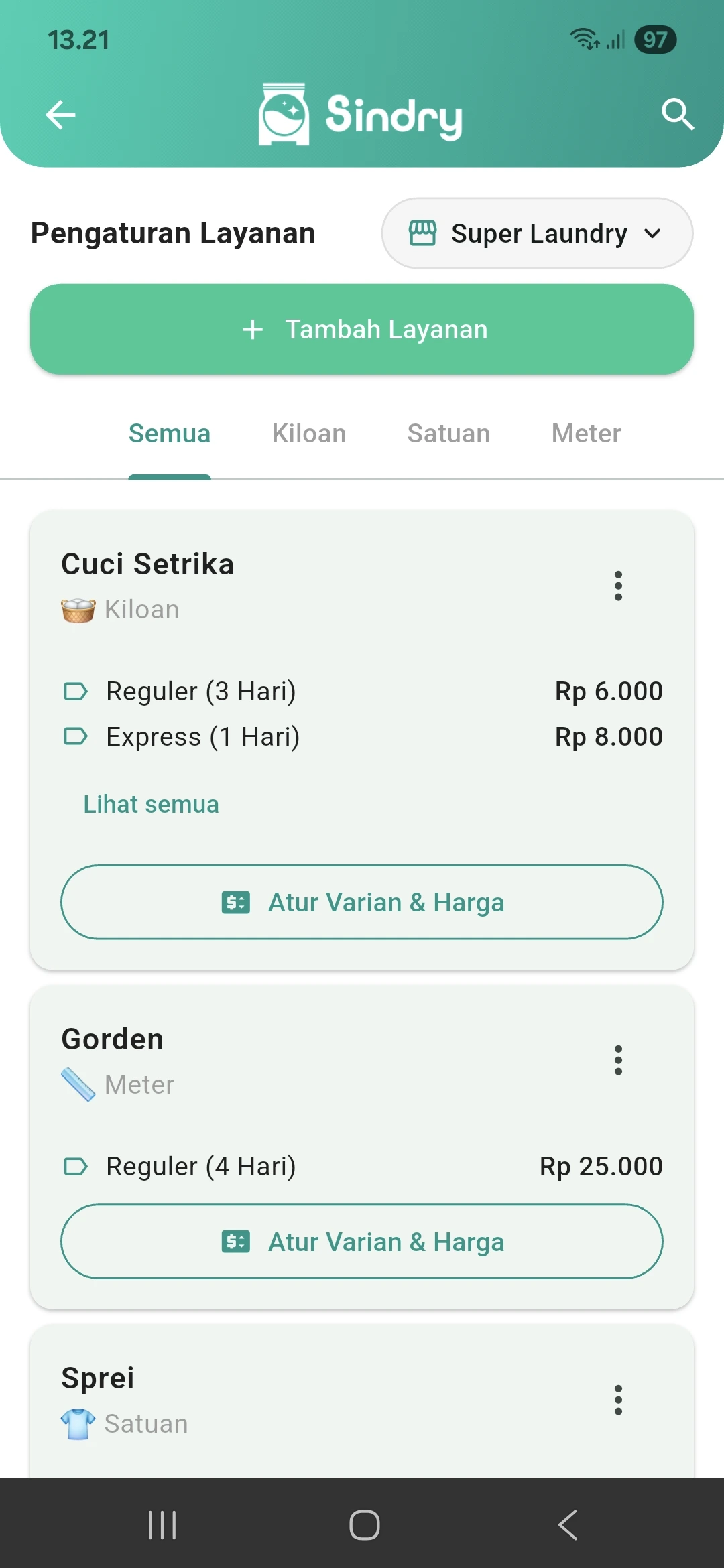 Pengaturan Layanan di Software Laundry Sindry – Atur Jenis Layanan Laundry