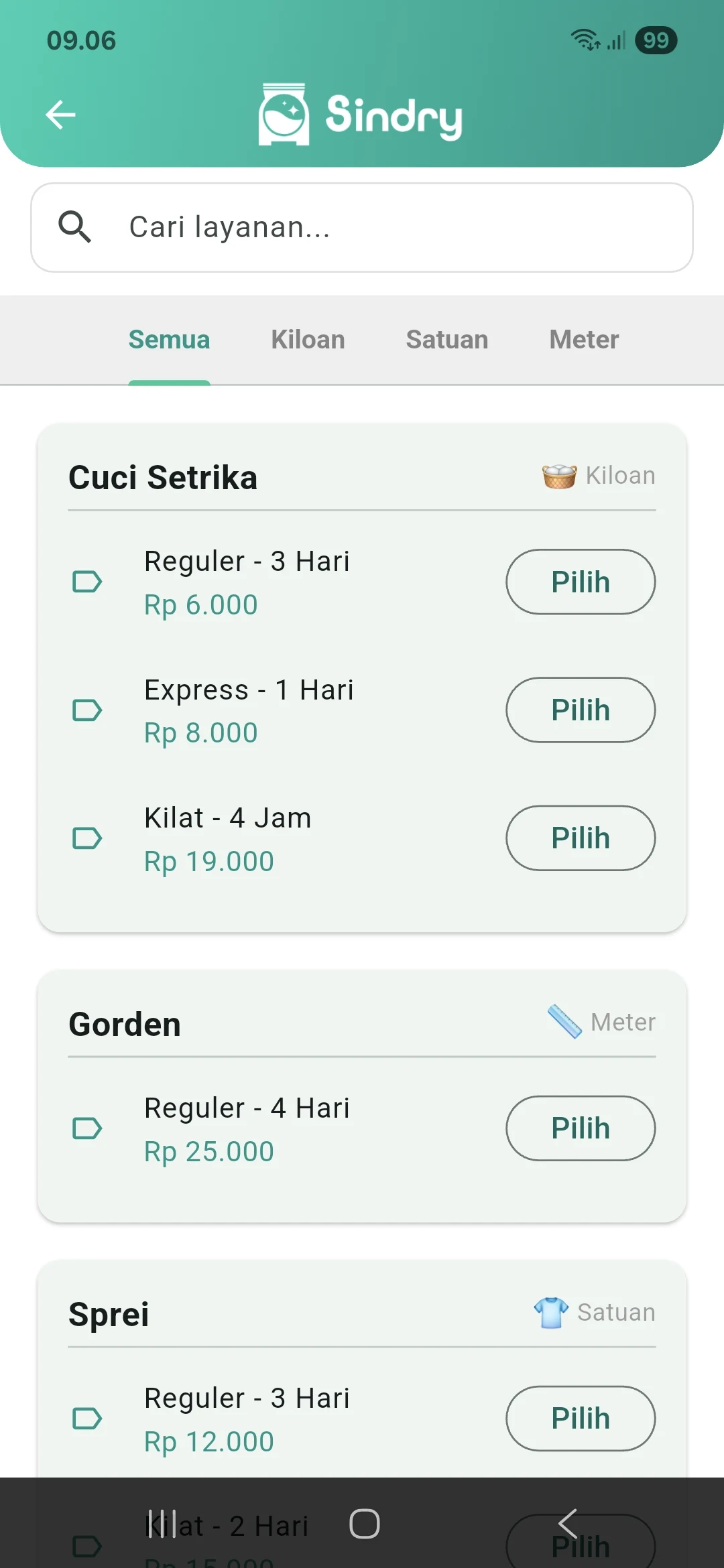 Pilih Layanan di Software Laundry Sindry – Kelola Layanan Laundry Cepat