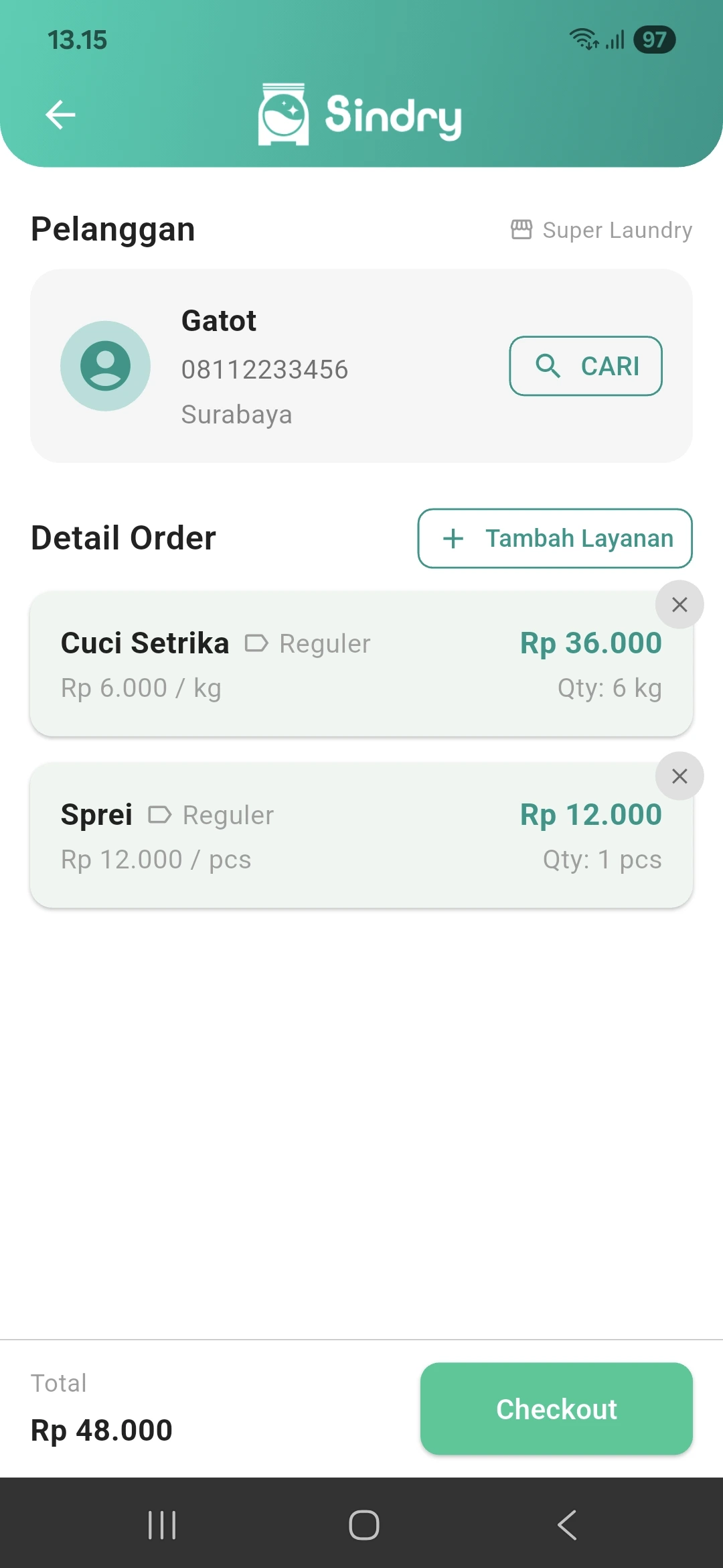 Tambah Transaksi di Aplikasi Laundry Sindry – Input Order dengan Mudah