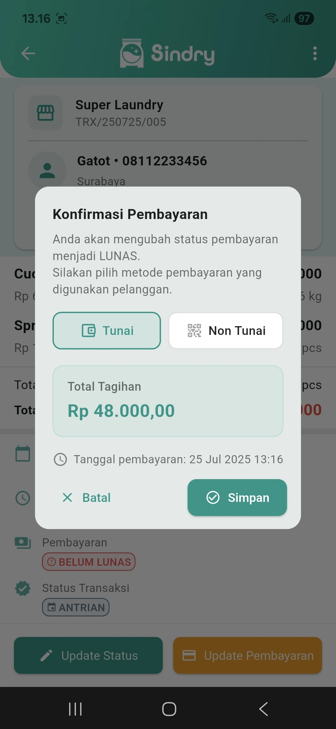 Update Pembayaran Transaksi di Software Laundry Sindry – Kelola Pembayaran Mudah
