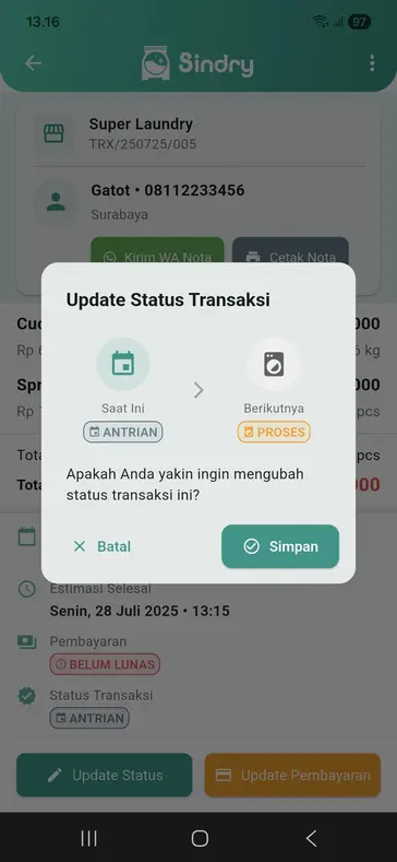 Update Status Transaksi di Software Laundry Sindry – Otomatis dan Cepat